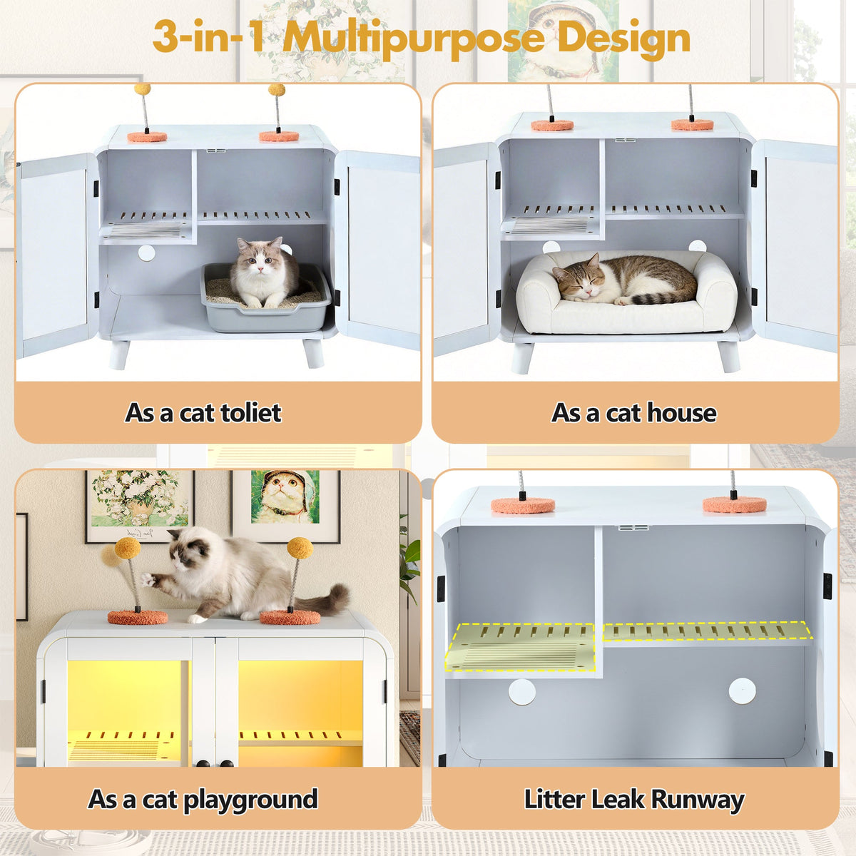 Cat Hidden Litter Box Enclosure with RGB LED Light - White