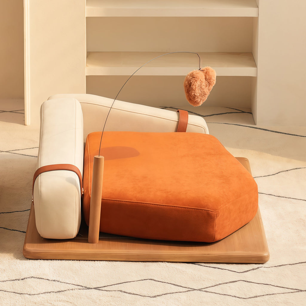 Wooden Pet Bed for Cats & Dogs with Interactive Toy - Oak Veneer