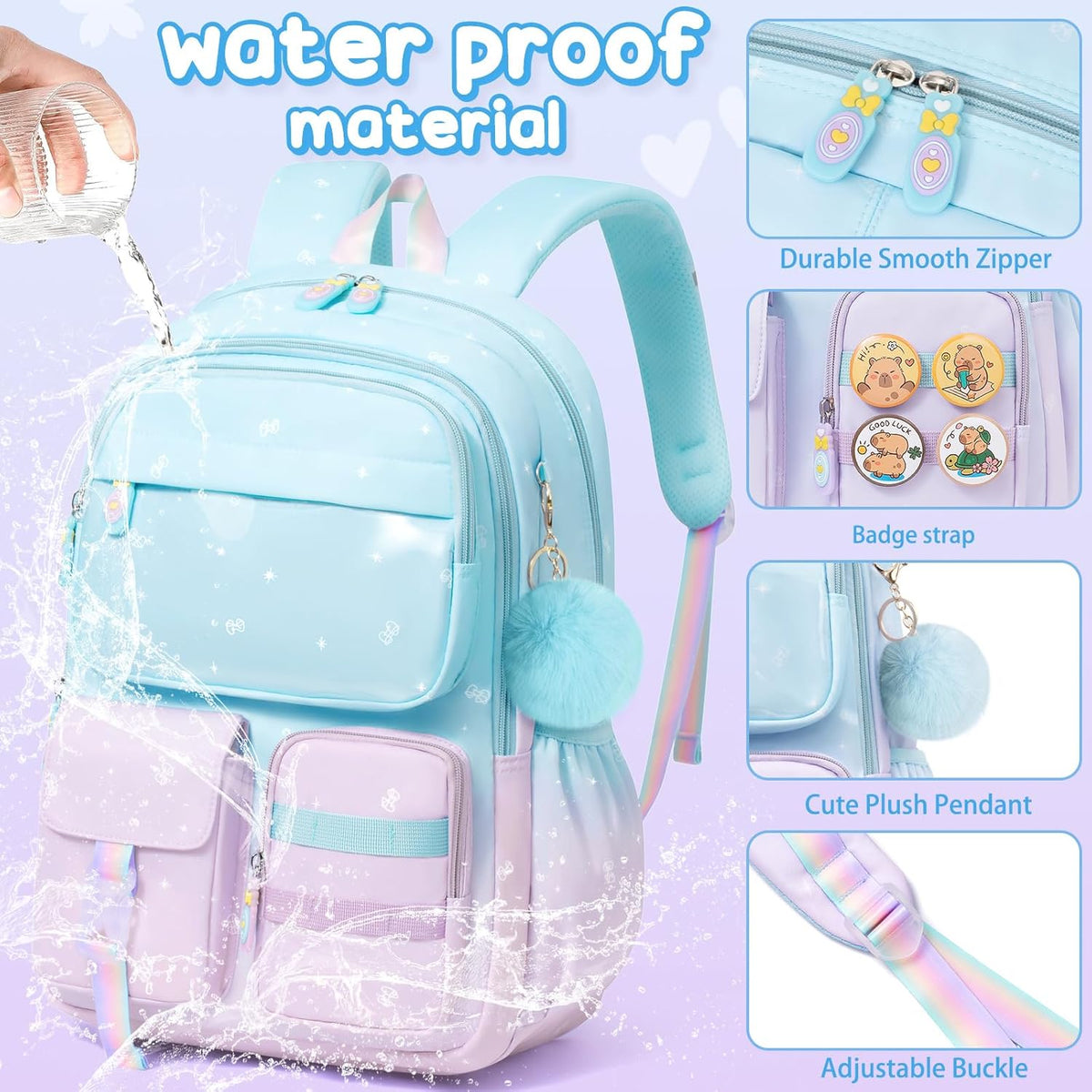 Girls School Backpack Set 3-Piece - Waterproof Kids Backpack with Lunch Box