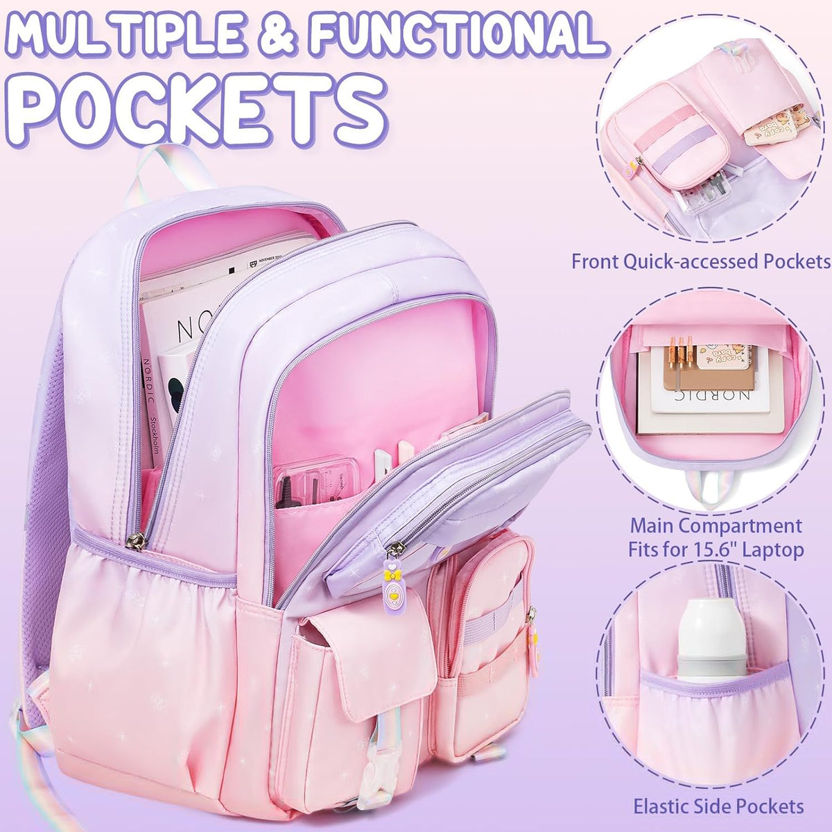 Girls School Backpack Set 3-Piece - Waterproof Kids Backpack with Lunch Box
