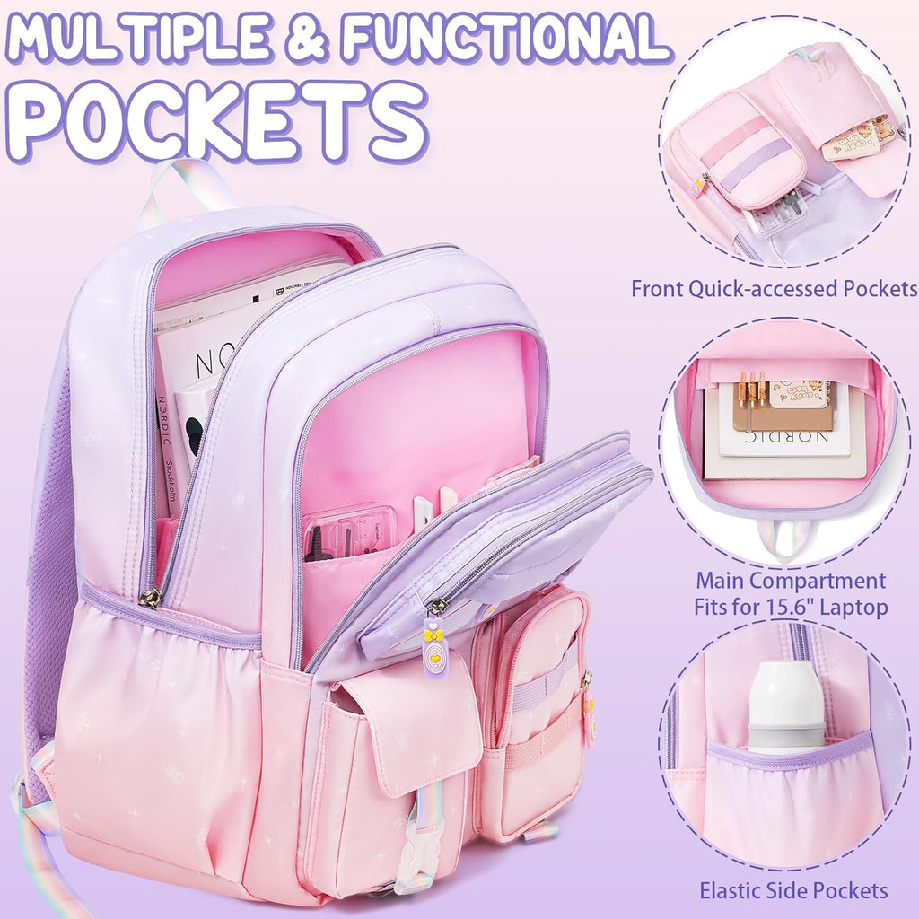 Girls School Backpack Set 3-Piece - Waterproof Kids Backpack with Lunch Box
