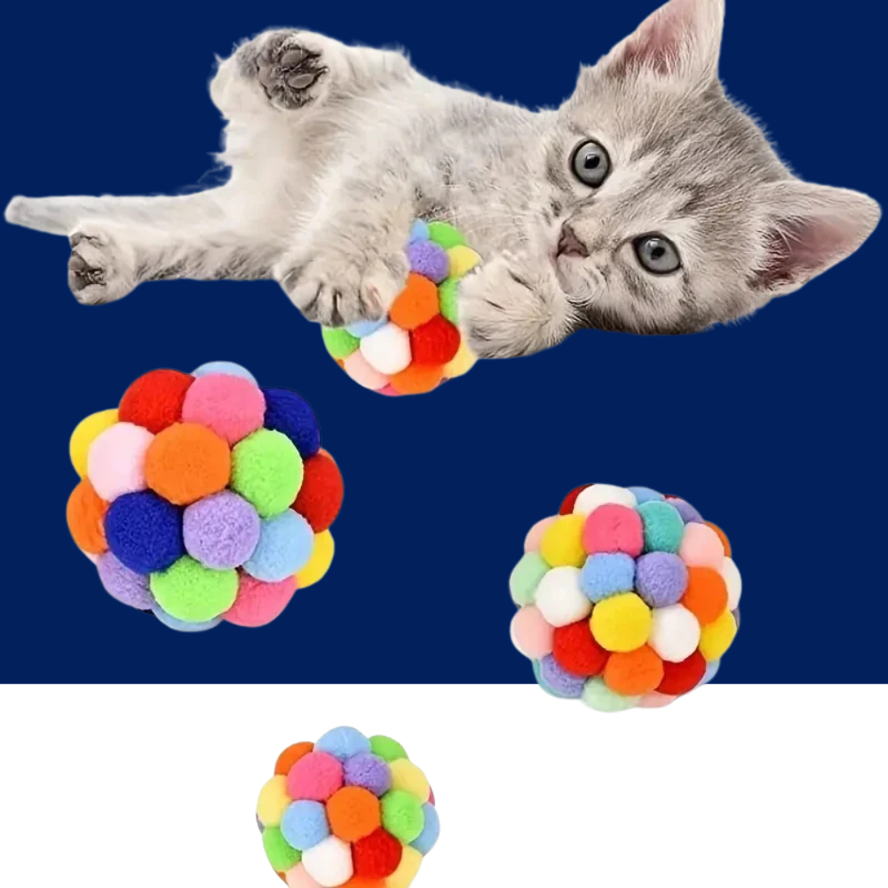 Cat Plush Bell Ball Toy – Colorful Woolen Self-Play Ball