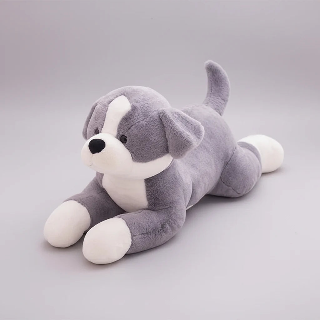 Kawaii Border Dog Plush Pillow – Simulation Puppy Stuffed Animal Cushion in Grey & Brown (50–100cm)