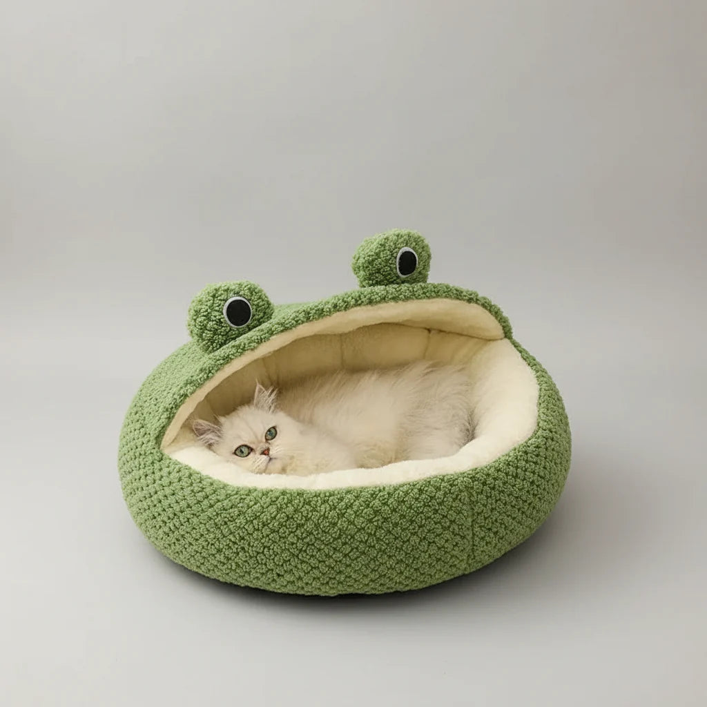 Kawaii Frog Shape Pet Nest – Winter Warm Plush Cat & Dog Villa (3 Styles, Anti-Slip, Removable Cushion)