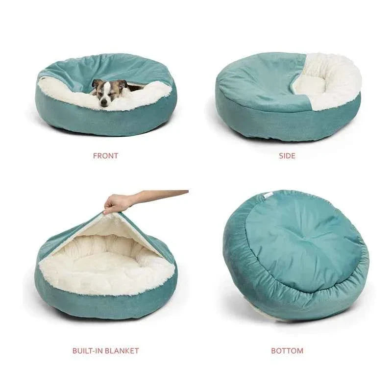 Benepaw Orthopedic Hooded Dog & Cat Cuddler Bed – Winter Warm Waterproof Dirt-Resistant Donut Nest with Blanket, Machine Washable (4 Colors, S–L)