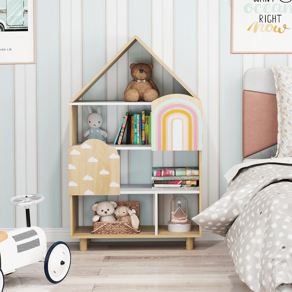 Kids Dollhouse Bookshelf House-shaped Bookcase Children Toy Storage Organizer-Natural