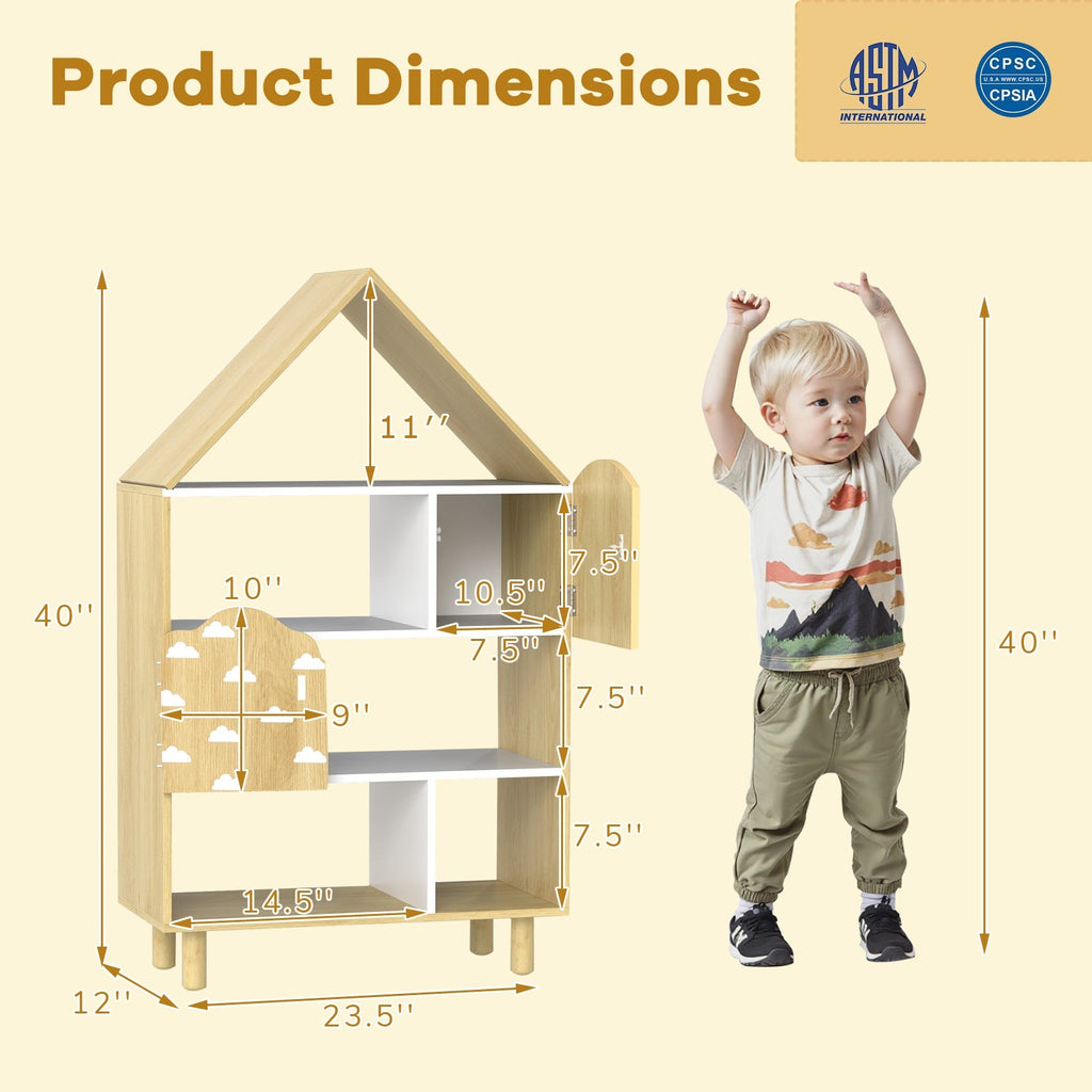Kids Dollhouse Bookshelf House-shaped Bookcase Children Toy Storage Organizer-Natural