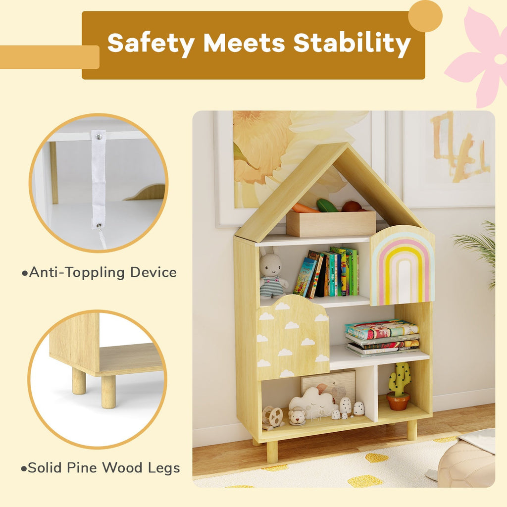 Kids Dollhouse Bookshelf House-shaped Bookcase Children Toy Storage Organizer-Natural