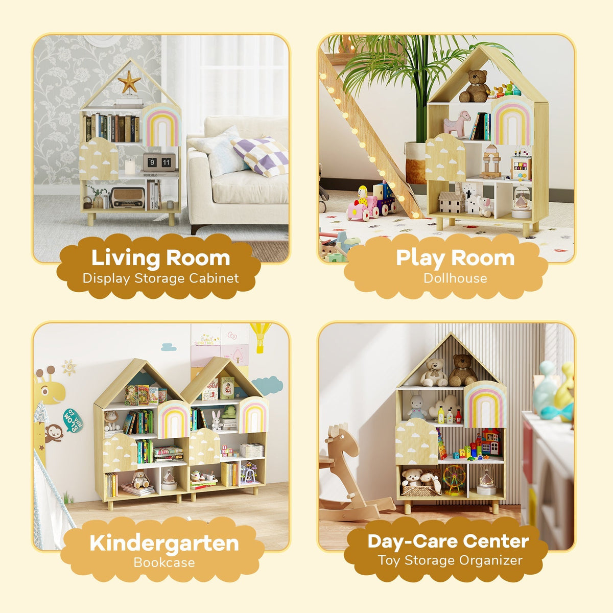 Kids Dollhouse Bookshelf House-shaped Bookcase Children Toy Storage Organizer-Natural