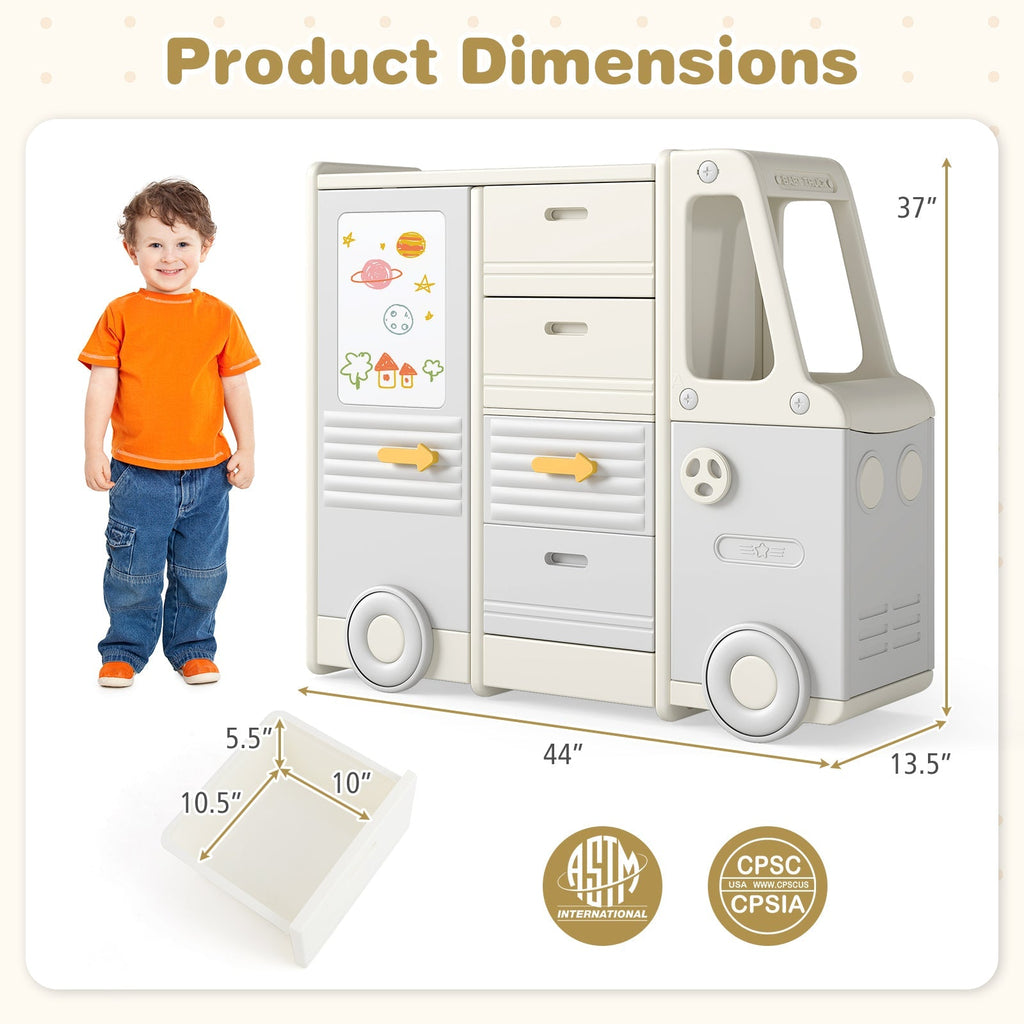 Kids Toy Storage Organizer Bus-shaped Children Cabinet with 4 Pull-out Drawers with Handles-Gray
