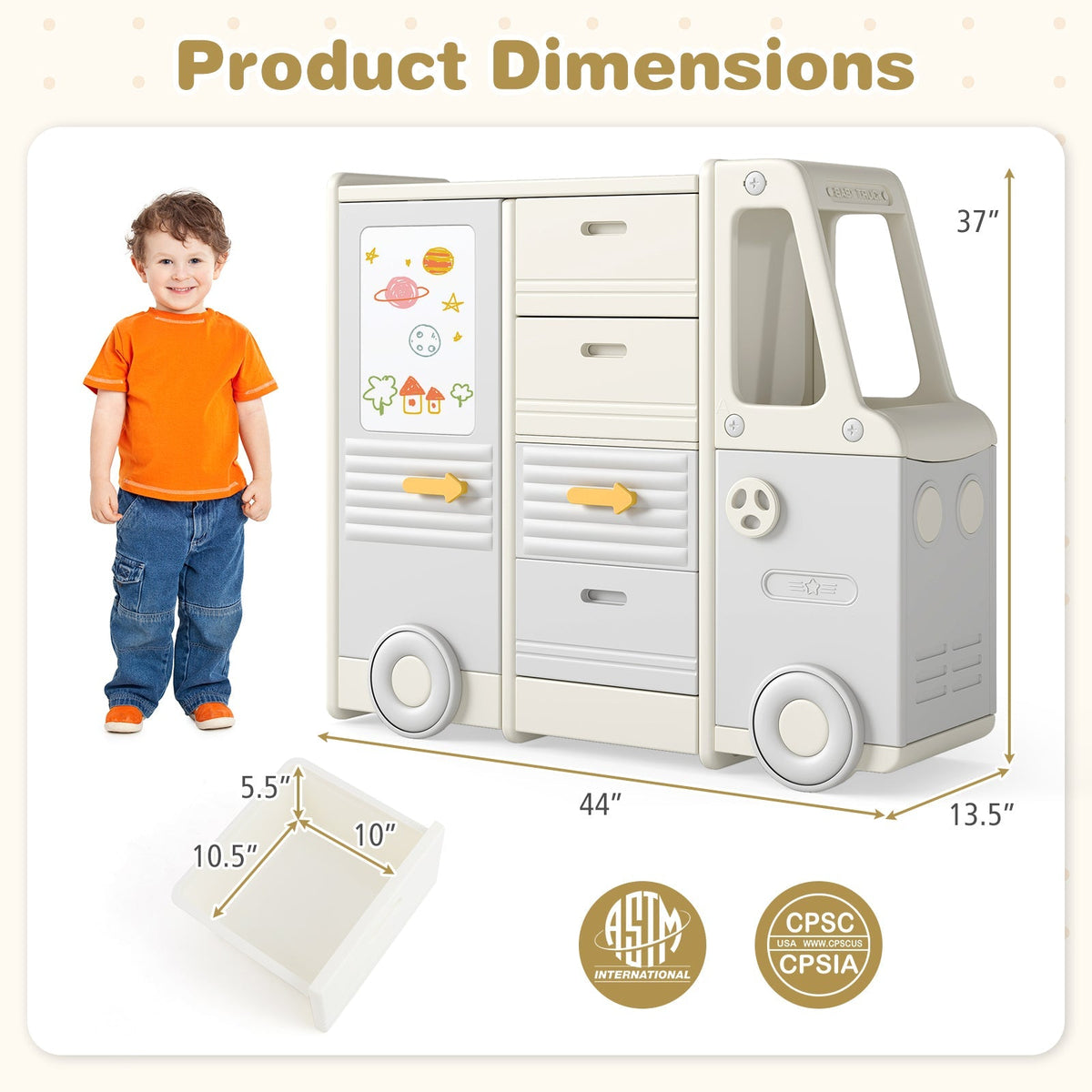 Kids Toy Storage Organizer Bus-shaped Children Cabinet with 4 Pull-out Drawers with Handles-Gray