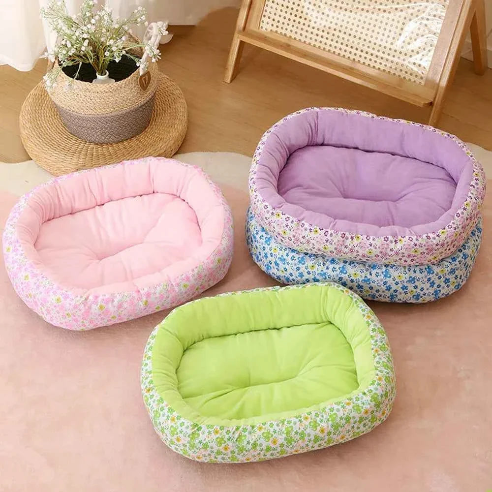Kawaii Bolster Sofa Bed for Cats & Dogs – Soft Cotton All-Season Pet Nest with Raised Border (4 Colors, S–L)