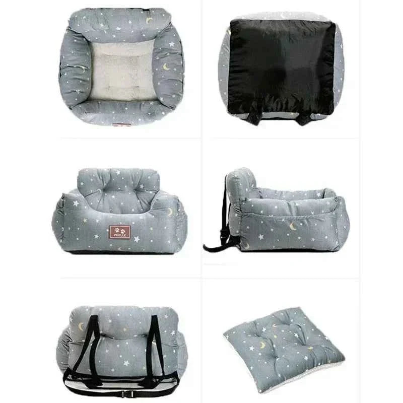 Dog Car Seat Booster Nest – Washable 100% Cotton Travel Cushion with Safety Belt, All-Season, 3 Styles
