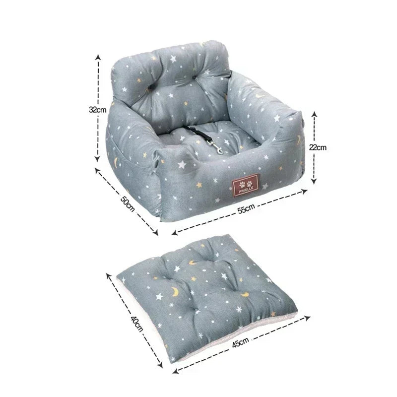 Dog Car Seat Booster Nest – Washable 100% Cotton Travel Cushion with Safety Belt, All-Season, 3 Styles