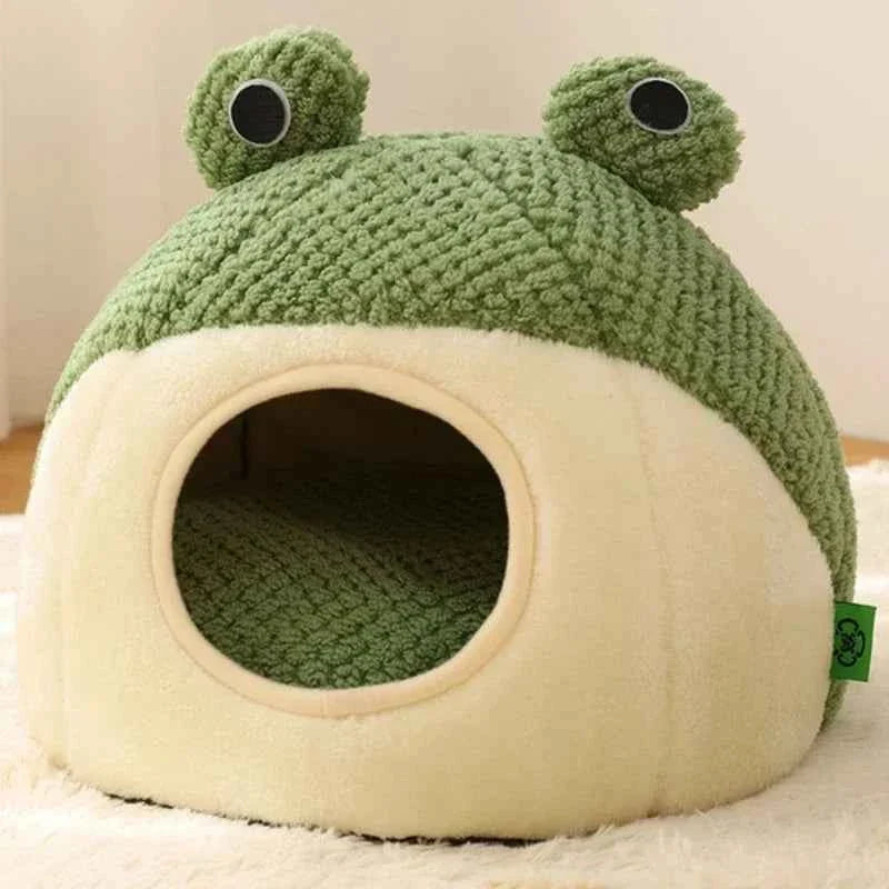 Kawaii Frog Shape Pet Nest – Winter Warm Plush Cat & Dog Villa (3 Styles, Anti-Slip, Removable Cushion)