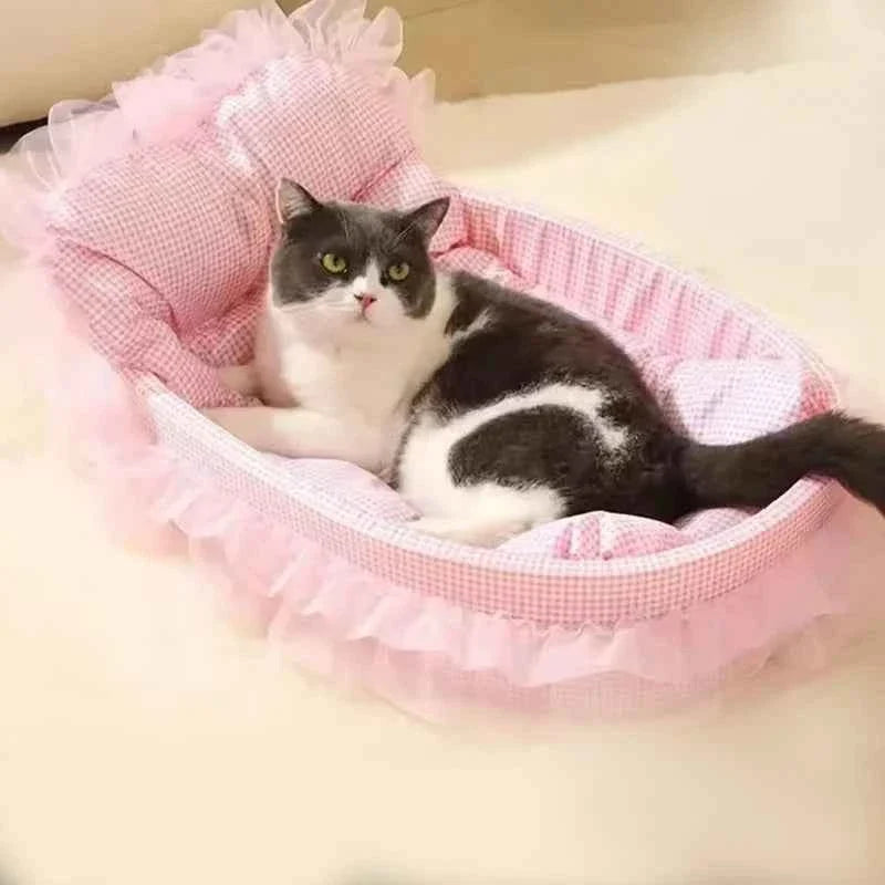 Kawaii Macaroon Princess Pet Bed – Soft Plaid & Mesh Skirt Cat & Dog Nest with Removable Cover (3 Colors)