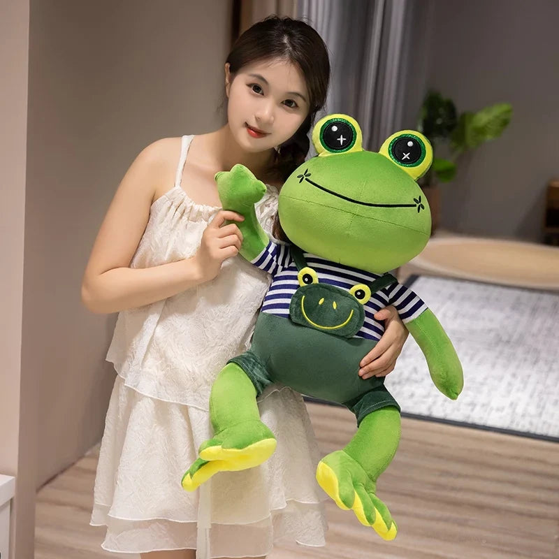 Kawaii Big Eyed Frog Plush Toy – Cute Green Frog with Striped Overalls Stuffed Animal (30–50cm)