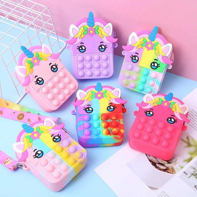 Girls Silicone Unicorn Messenger Bag Coin Purse | Cute Decompression Pop Fidget Toys for Children