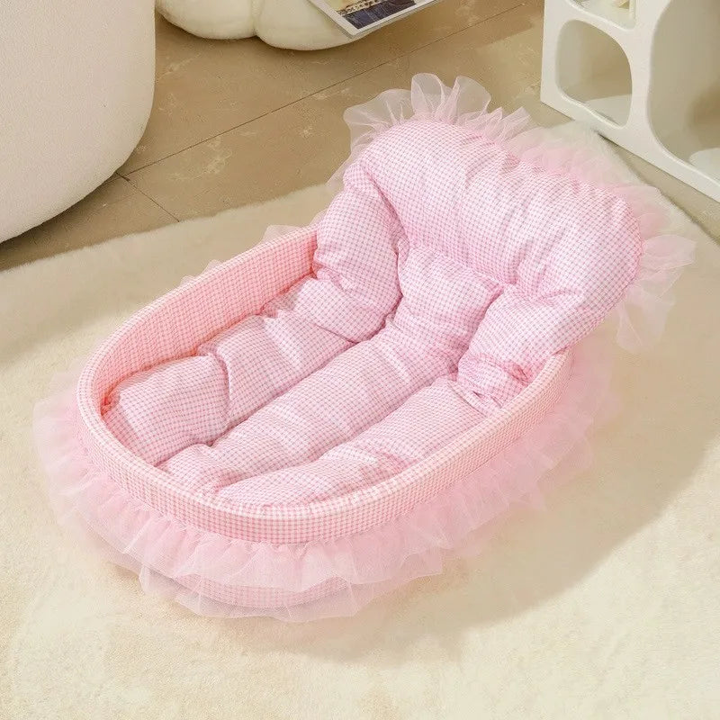 Kawaii Macaroon Princess Pet Bed – Soft Plaid & Mesh Skirt Cat & Dog Nest with Removable Cover (3 Colors)
