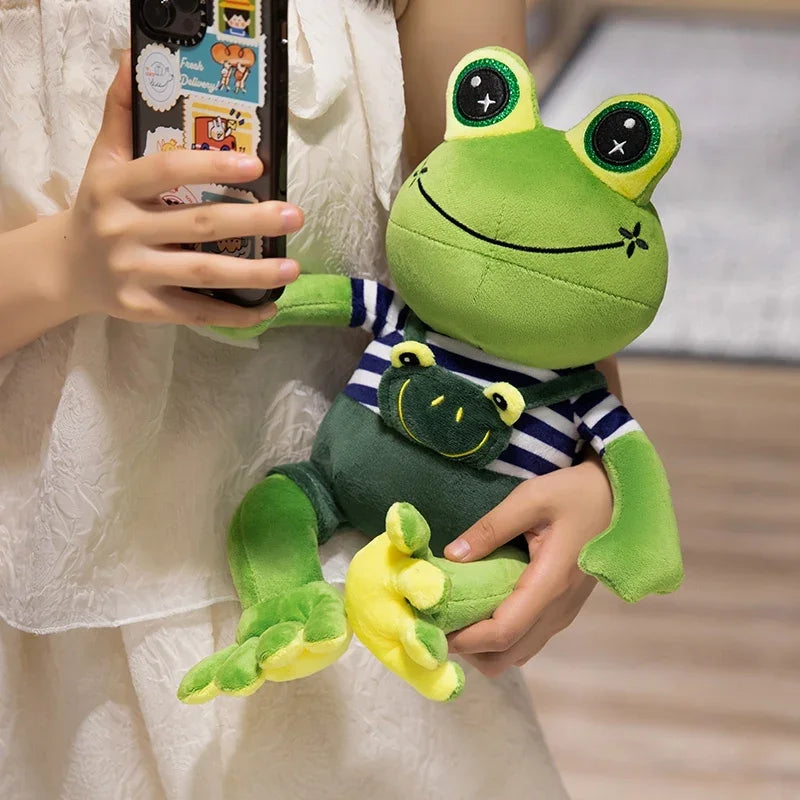 Kawaii Big Eye Frog Plush Toy – Soft Stuffed Cartoon Frog with Striped Overalls (30–50cm)