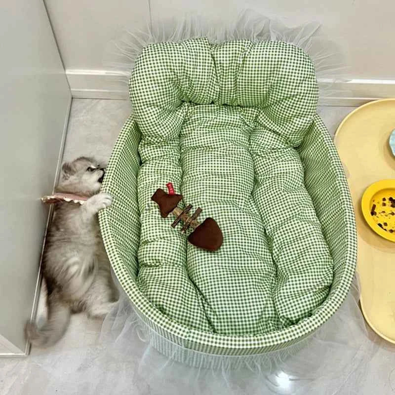 Kawaii Macaroon Princess Pet Bed – Soft Plaid & Mesh Skirt Cat & Dog Nest with Removable Cover (3 Colors)