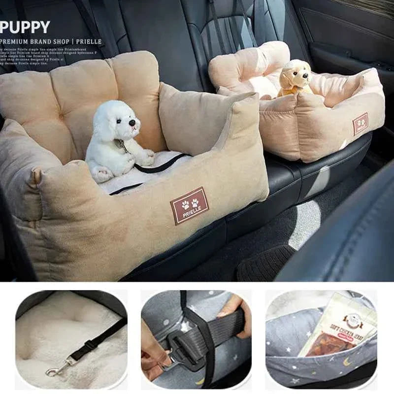 Dog Car Seat Booster Nest – Washable 100% Cotton Travel Cushion with Safety Belt, All-Season, 3 Styles