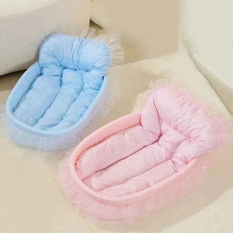 Kawaii Macaroon Princess Pet Bed – Soft Plaid & Mesh Skirt Cat & Dog Nest with Removable Cover (3 Colors)