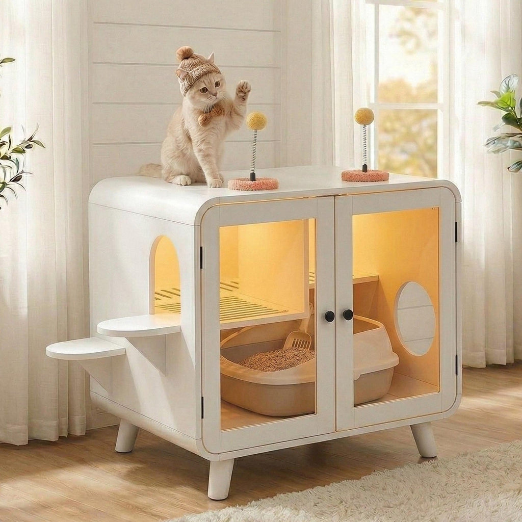 Cat Hidden Litter Box Enclosure with RGB LED Light - White
