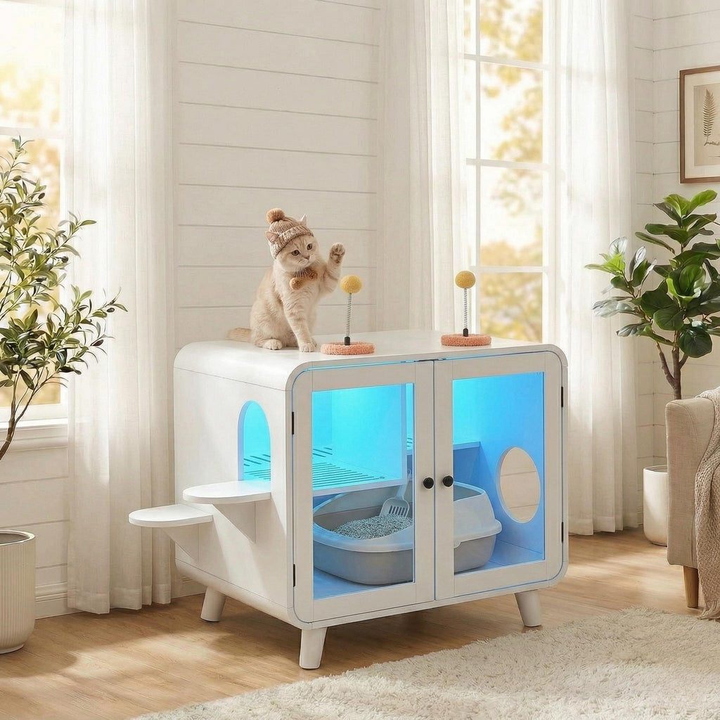 Cat Hidden Litter Box Enclosure with RGB LED Light - White