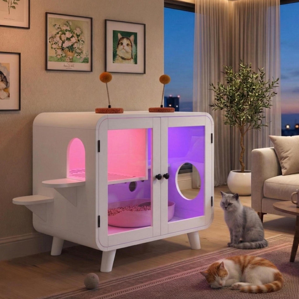 Cat Hidden Litter Box Enclosure with RGB LED Light - White