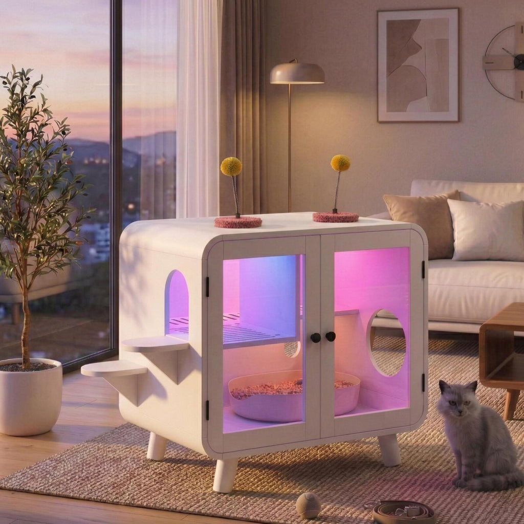Cat Hidden Litter Box Enclosure with RGB LED Light - White