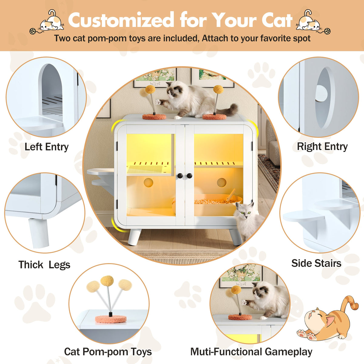 Cat Hidden Litter Box Enclosure with RGB LED Light - White
