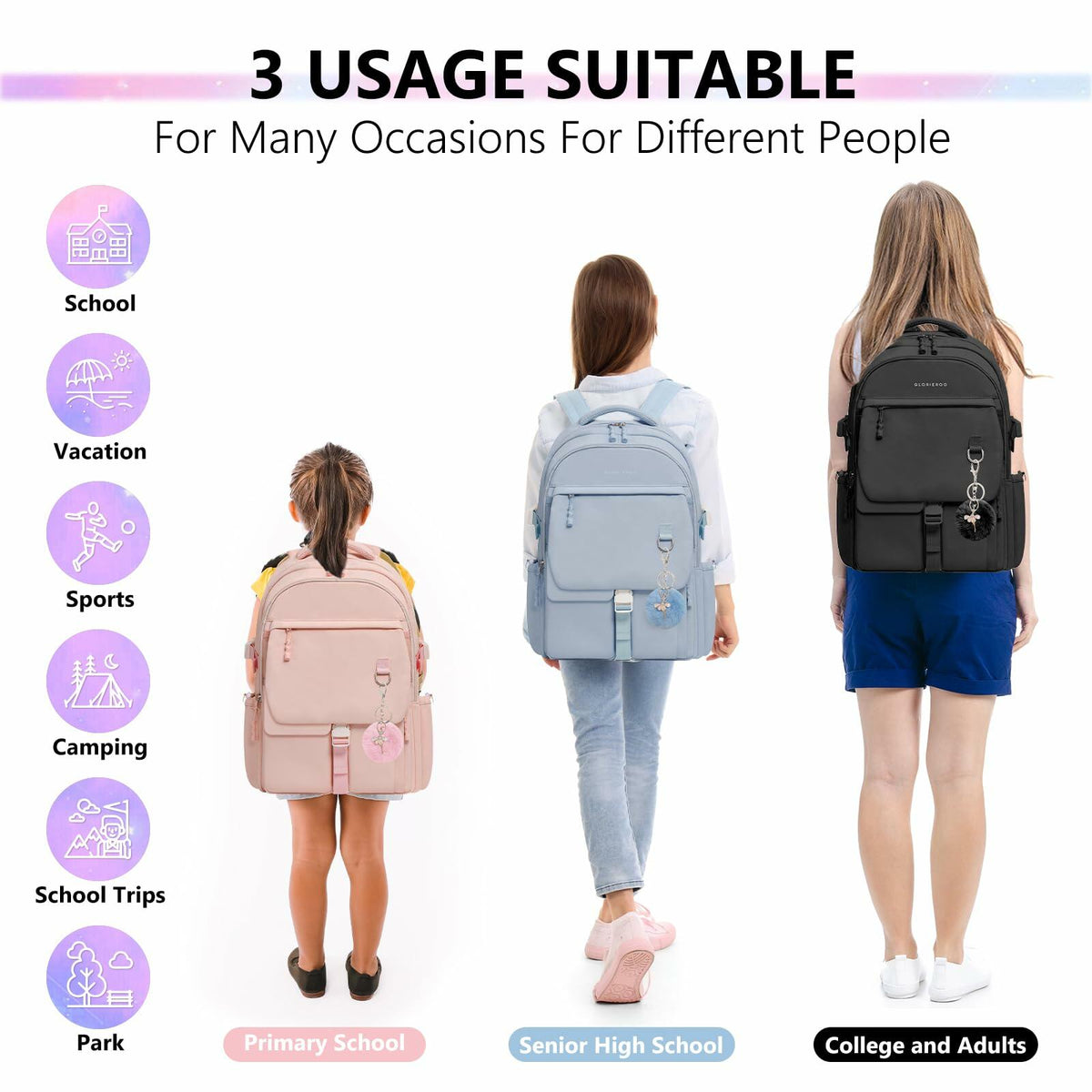 GLORIEROO Kids Backpack Girls 15.6" Laptop Compartment Beige White